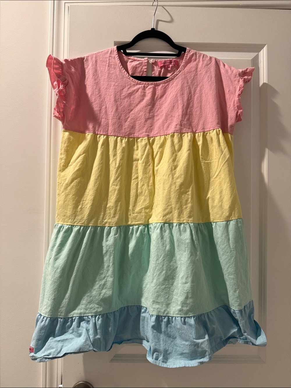 Girls Colorblock Ruffle Sleeve Dress - Pink, Yellow & Blue